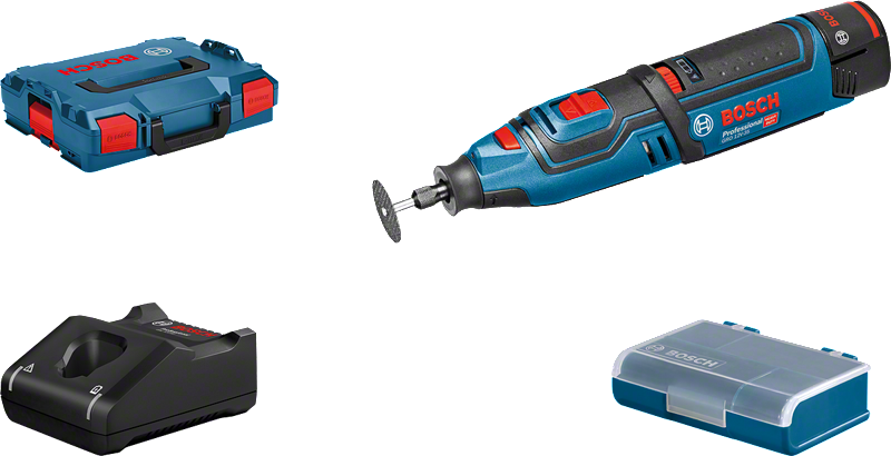 Bosch GRO 12V-35 rotary tool with accessories kit.