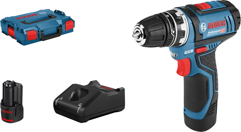 Bosch GSR 12V-15 FC cordless drill with battery, charger and case.