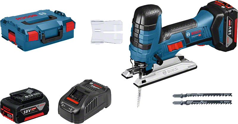 Bosch GST 18V-LI S cordless jigsaw with battery, charger, case.
