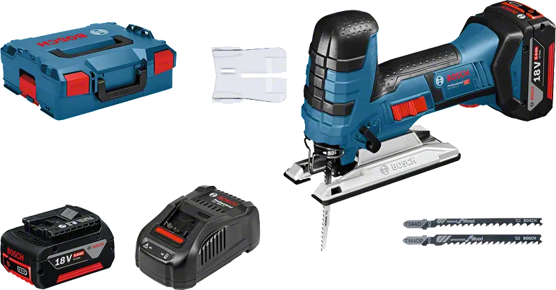 Bosch GST 18V-LI S cordless jigsaw with battery, charger, case.