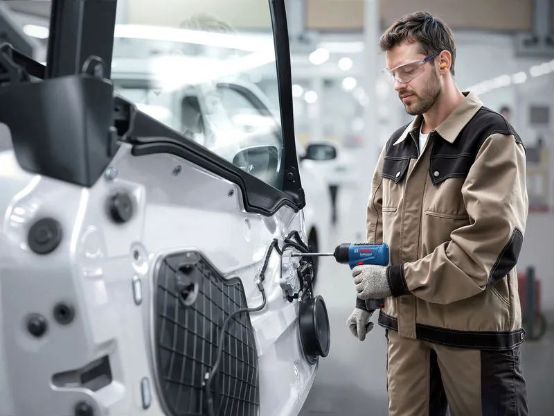 A person wearing safety equipment uses a power tool to fasten parts on a vehicle door.