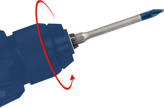 Drill chuck rotates to secure a screwdriver bit.
