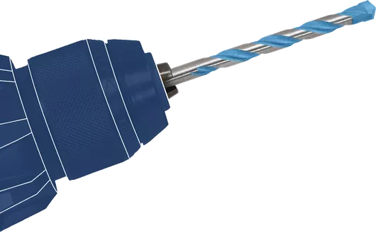 A drill chuck holds a spiral drill bit with a blue tip.