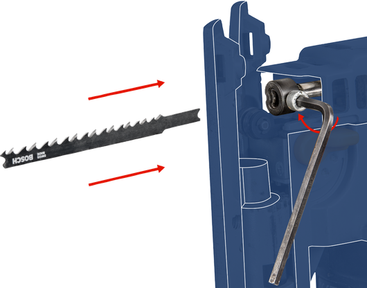 Hex key tightening a blade into a jigsaw tool frame.