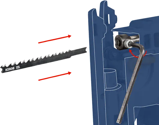 Hex key tightening a blade into a jigsaw tool frame.