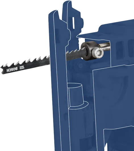 A saw blade moves through a partially transparent housing, showing internal mechanism.