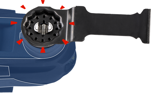 Oscillating tool with a saw blade attachment being installed.