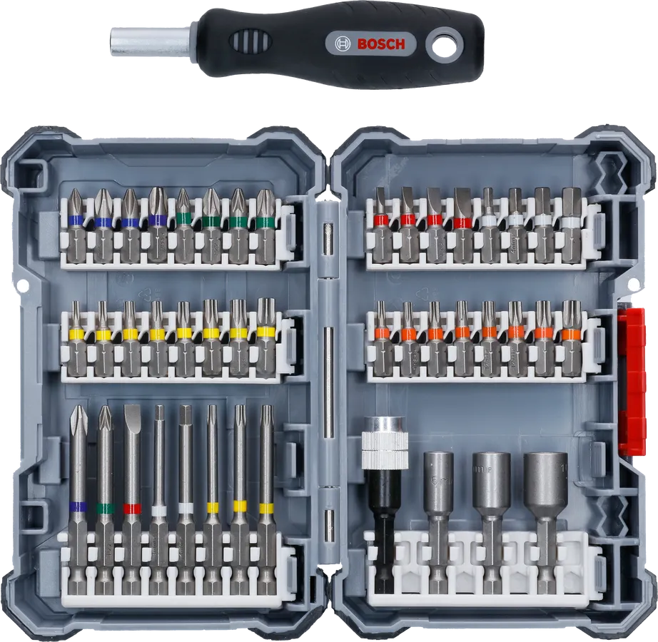 Bosch screwdriver and bit set in plastic case.