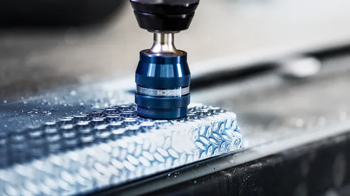 Metal drill bit making textured holes in a rectangular metal block.