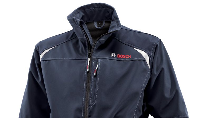Bosch blue softshell jacket with zippered chest pocket.