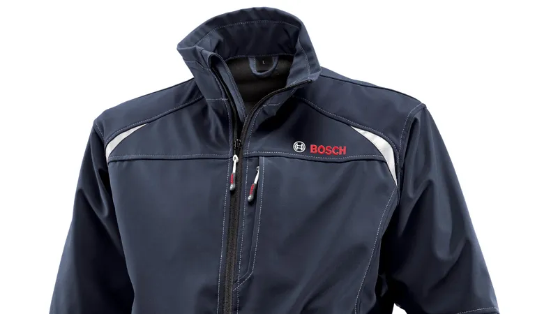 Bosch blue softshell jacket with zippered chest pocket.