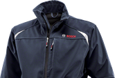 Bosch blue softshell jacket with zippered chest pocket.