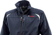 Bosch blue softshell jacket with zippered chest pocket.