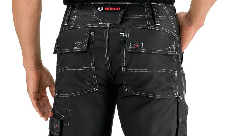 Black work pants, Bosch logo.