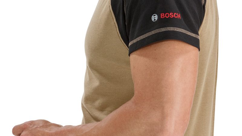 Bosch beige and black piqué work t-shirt sleeve.