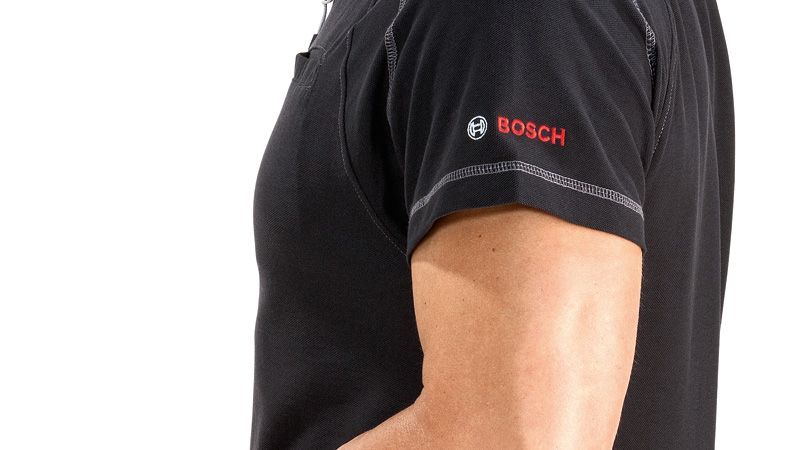 Bosch WPSI 09 black polo shirt with logo on sleeve.