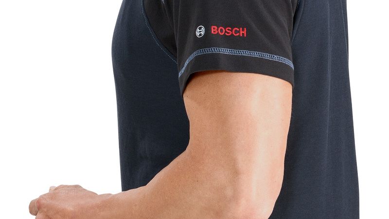 Bosch blue WPSI 010 polo shirt with logo on sleeve.