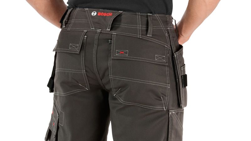 Person shown from behind wearing grey shorts with holster pockets and detailed stitching.