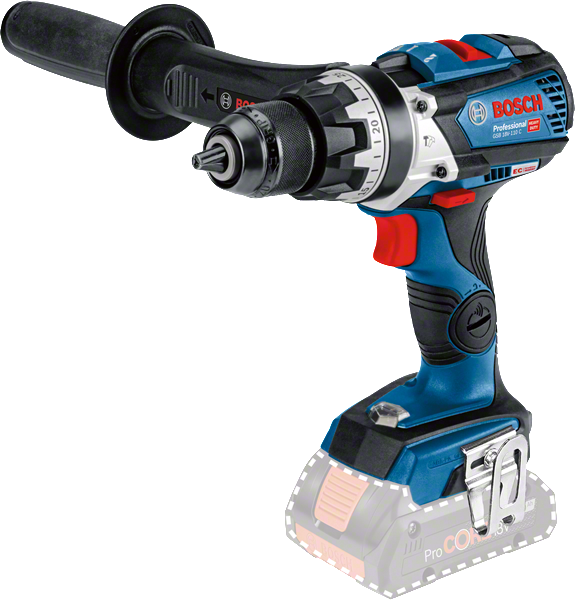 Bosch GSB 18V-60 C cordless drill with side handle.