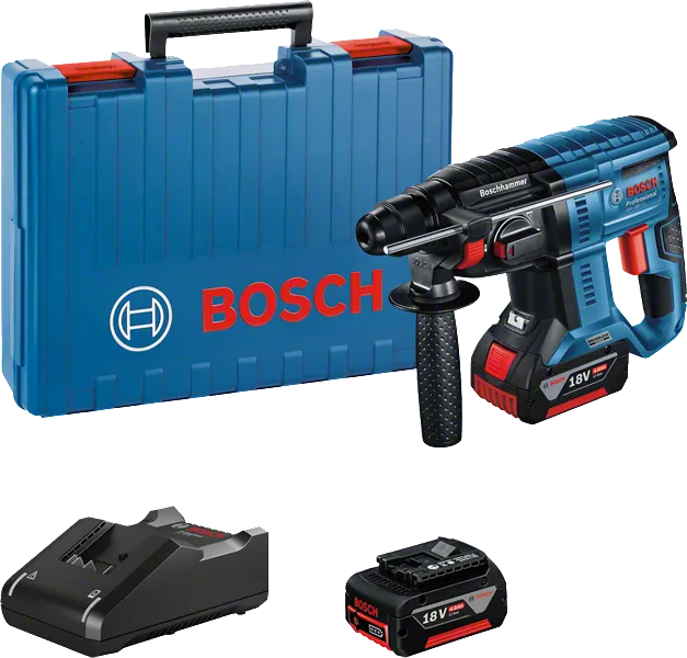 Bosch GBH 18V-21 rotary hammer drill with battery, charger and case.
