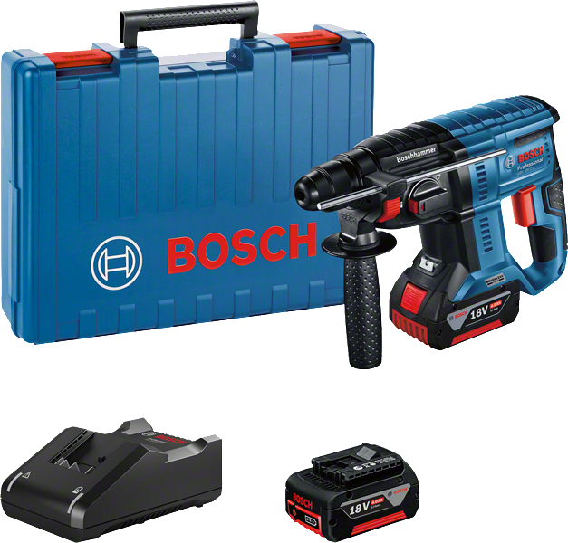 Bosch GBH 18V-21 rotary hammer drill with battery, charger and case.