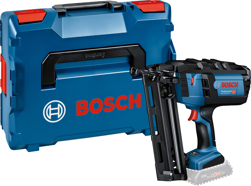 Bosch cordless nailer GNH 18V-64 M with carrying case.