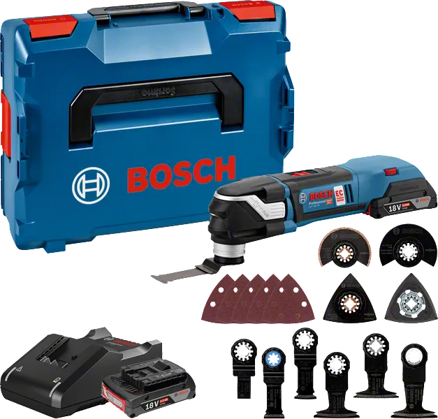 Bosch GOP 18V-28 cordless multi-tool kit with accessories.