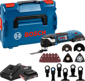 Bosch GOP 18V-28 cordless multi-tool kit with accessories.