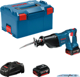 Bosch GSA 18 V-LI reciprocating saw set with case and battery.