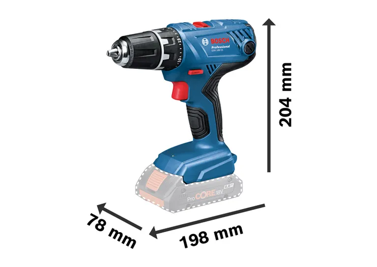 Bosch GSR 18V-21 cordless drill with size dimensions.