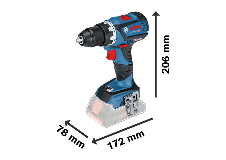 Bosch GSR 18V-60 C cordless drill with size dimensions.