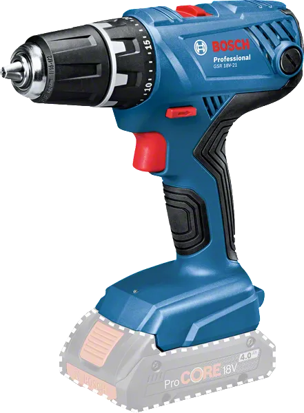 Bosch GSR 18V-21 cordless drill driver, compact design.