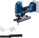 Bosch GST 18V-125 S cordless jigsaw with accessories.