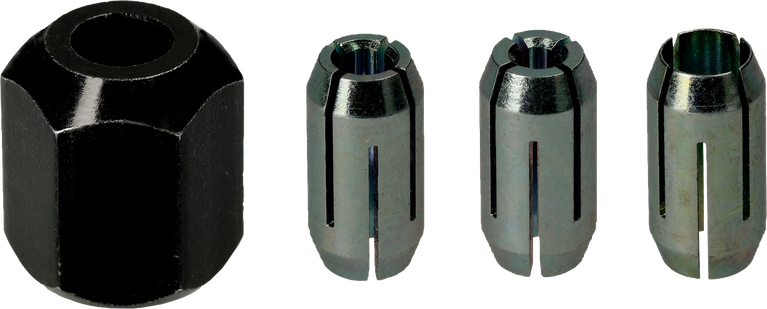 Bosch collet set 1/4, 1/8, 5/32 inch diameters.