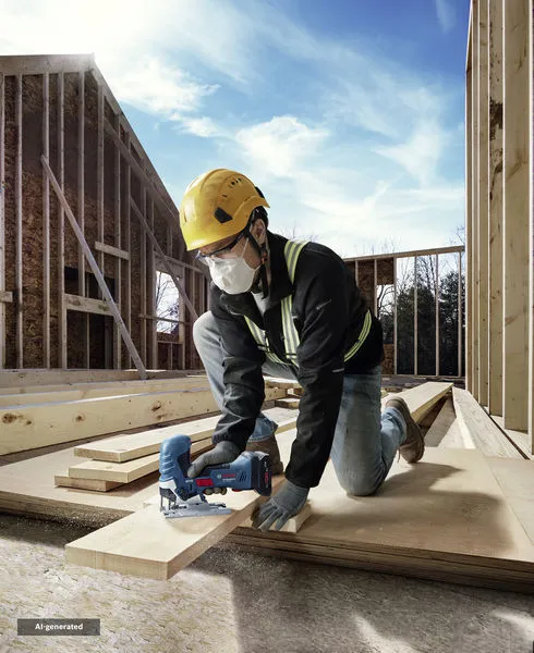 A person wearing safety equipment cuts plywood with a jigsaw at a construction site.