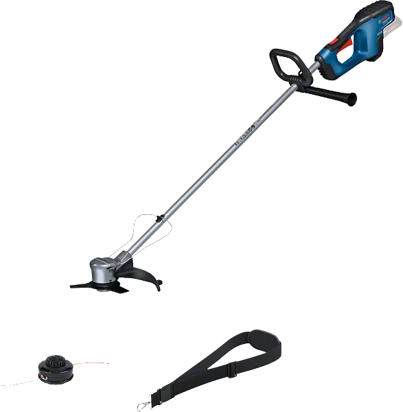Bosch GFR 18V-23 cordless grass trimmer with strap.