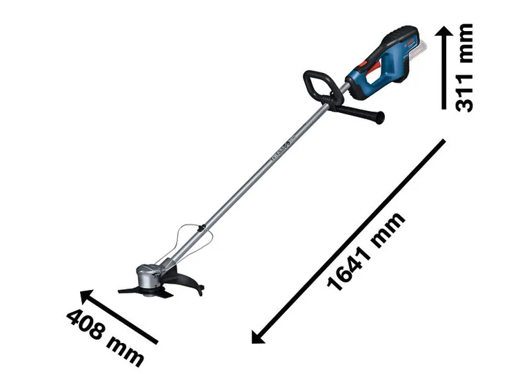 Bosch GFR 18V-23 cordless brushcutter with dimensions.