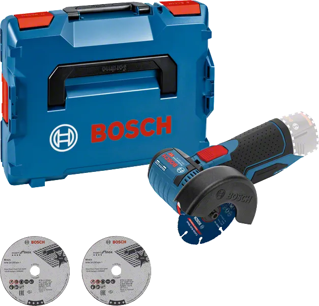 Bosch GWS 12V-76 cordless angle grinder set.