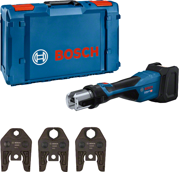 Bosch 18V-32 cordless press tool with case and jaws.