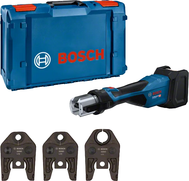 Bosch 18V-32 cordless press tool with case and jaw sets.