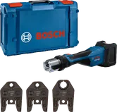 Bosch 18V-32 cordless press tool with case and jaw sets.