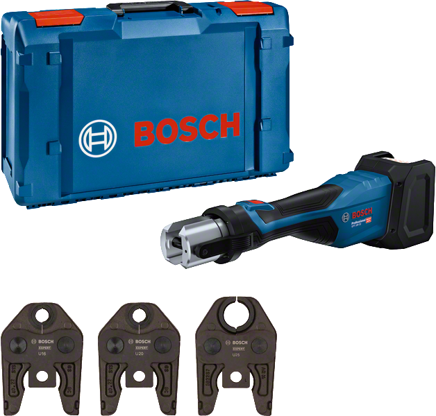 Bosch 18V-32 cordless press tool with case and jaw sets.