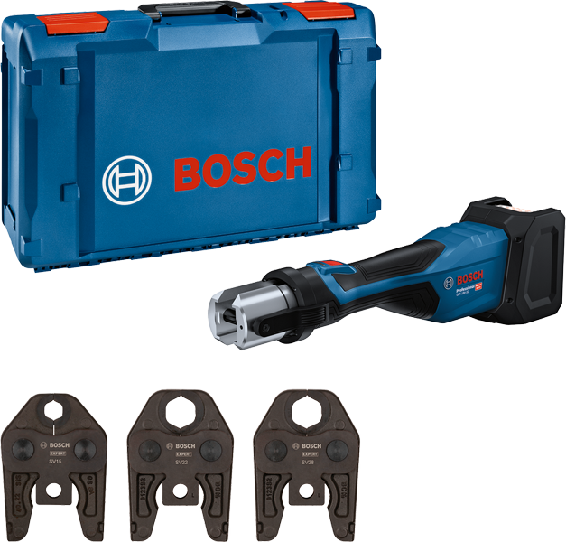 Bosch 18V-32 cordless press tool with case and jaws.