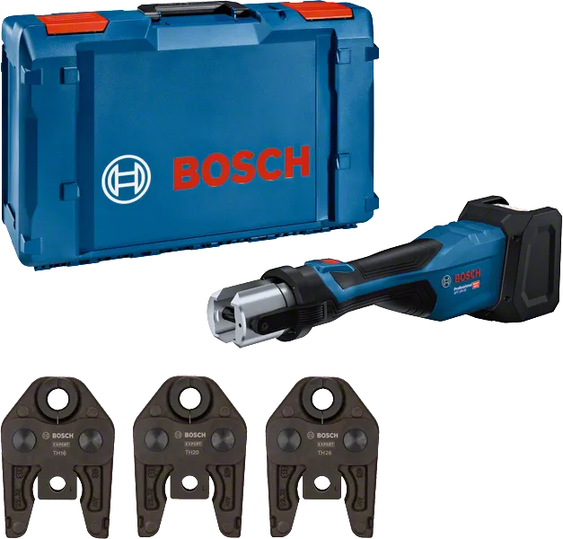 Bosch 18V-32 press tool kit with three pressing jaws.