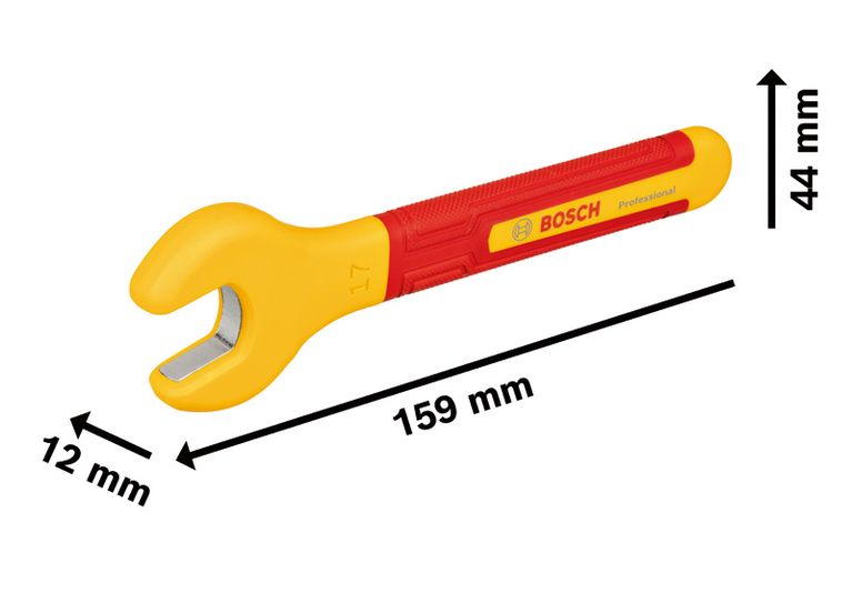 Bosch 17mm VDE insulated spanner with size dimensions.
