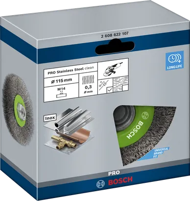 Bosch PRO stainless steel wire wheel 115×0.3 mm.