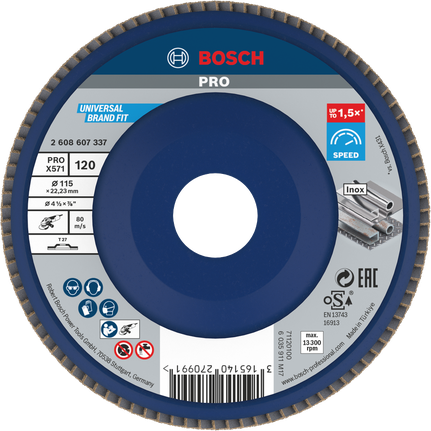 Bosch PRO X571 flap disc 115mm G120 for fast metal grinding.