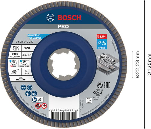 Bosch PRO X571 Flap Disc 125mm G120 for X-Lock grinders.