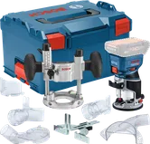 Bosch GKF 18V-8 cordless router kit with accessories.