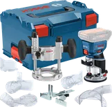 Bosch GKF 18V-8 cordless router kit with accessories.